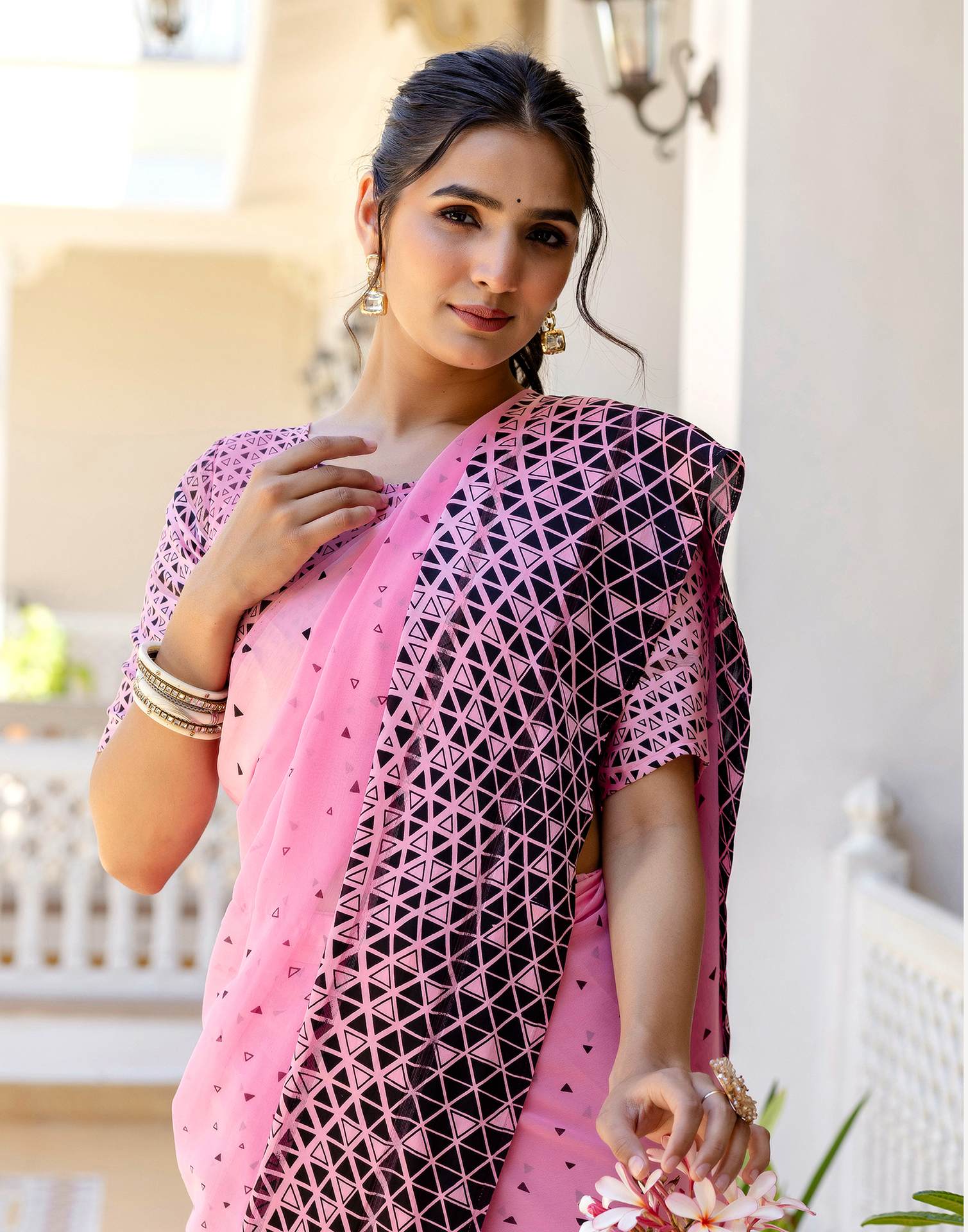 Ready To Wear Pink Georgette Printed Saree