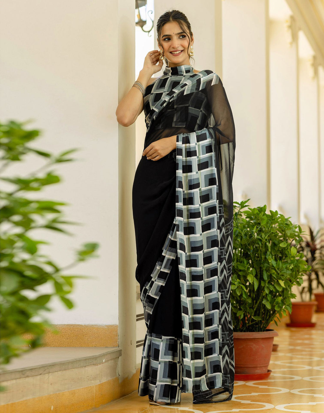 Ready To Wear Black Georgette Printed Saree