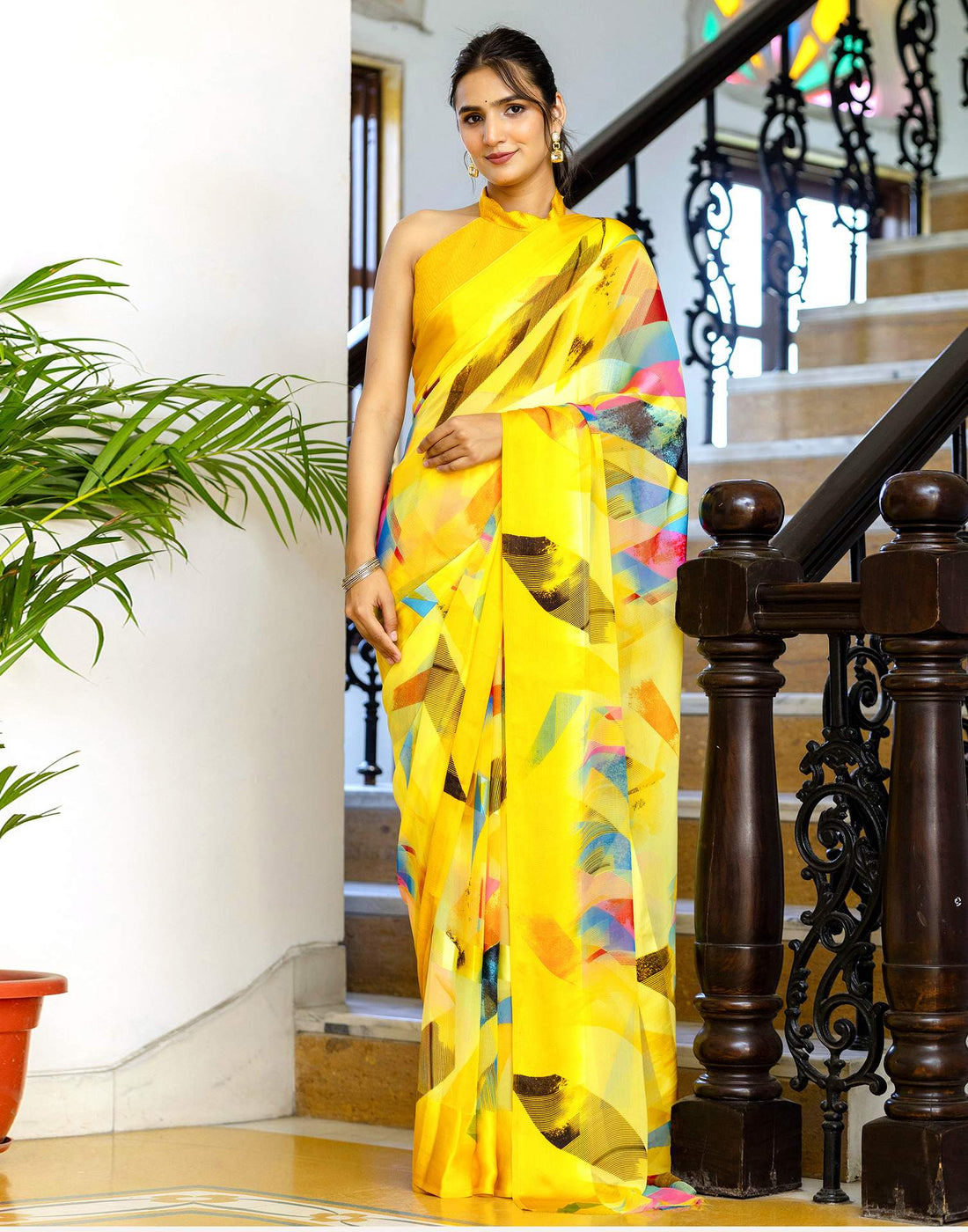 Ready To Wear Yellow Georgette Printed Saree