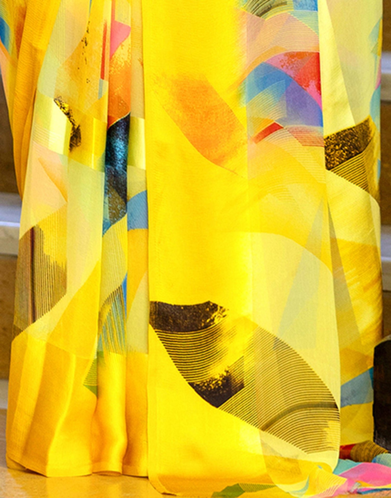 Ready To Wear Yellow Georgette Printed Saree