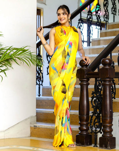 Ready To Wear Yellow Georgette Printed Saree