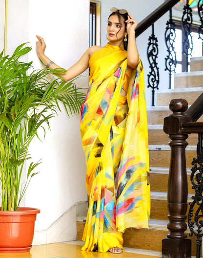 Ready To Wear Yellow Georgette Printed Saree