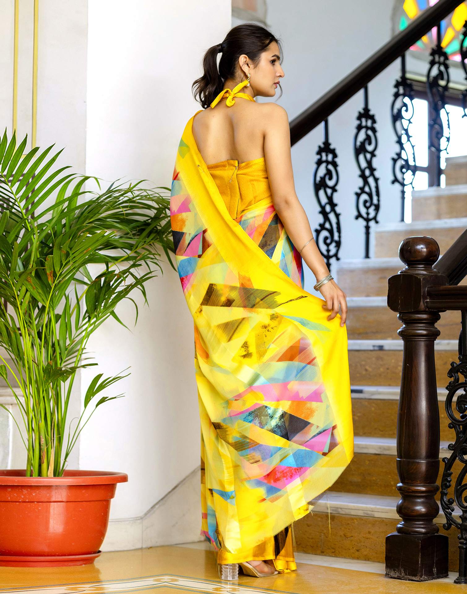 Ready To Wear Yellow Georgette Printed Saree