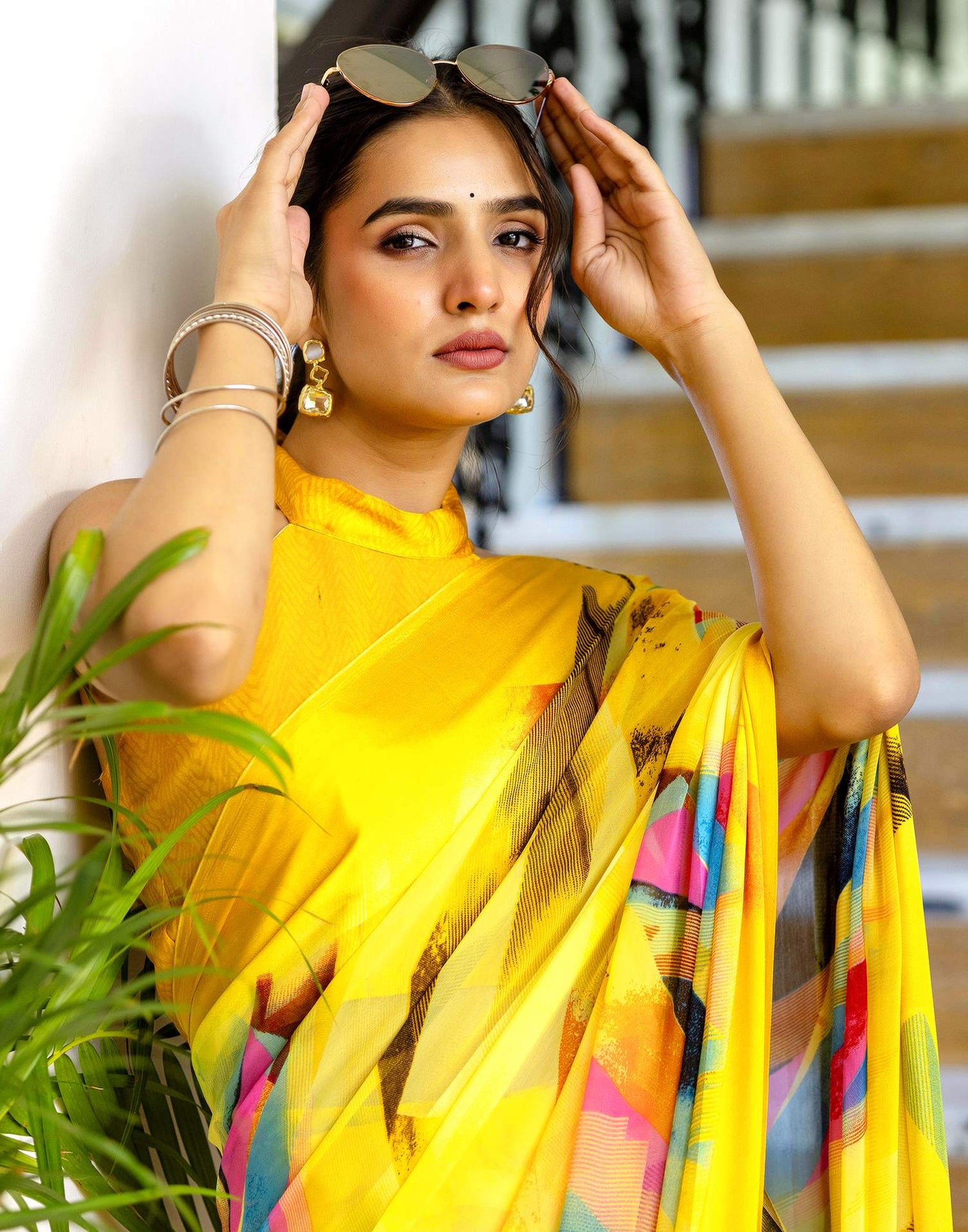Ready To Wear Yellow Georgette Printed Saree