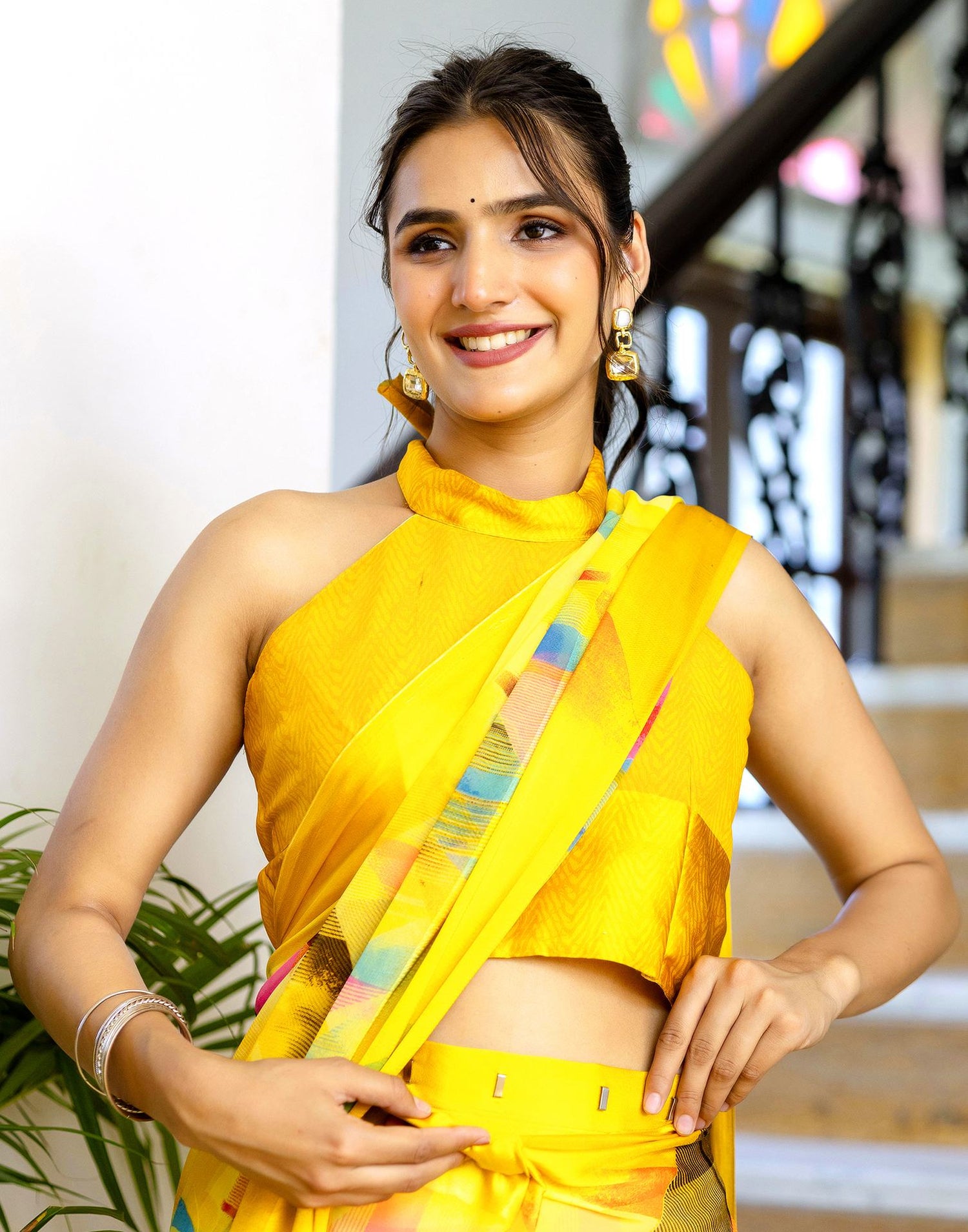 Ready To Wear Yellow Georgette Printed Saree