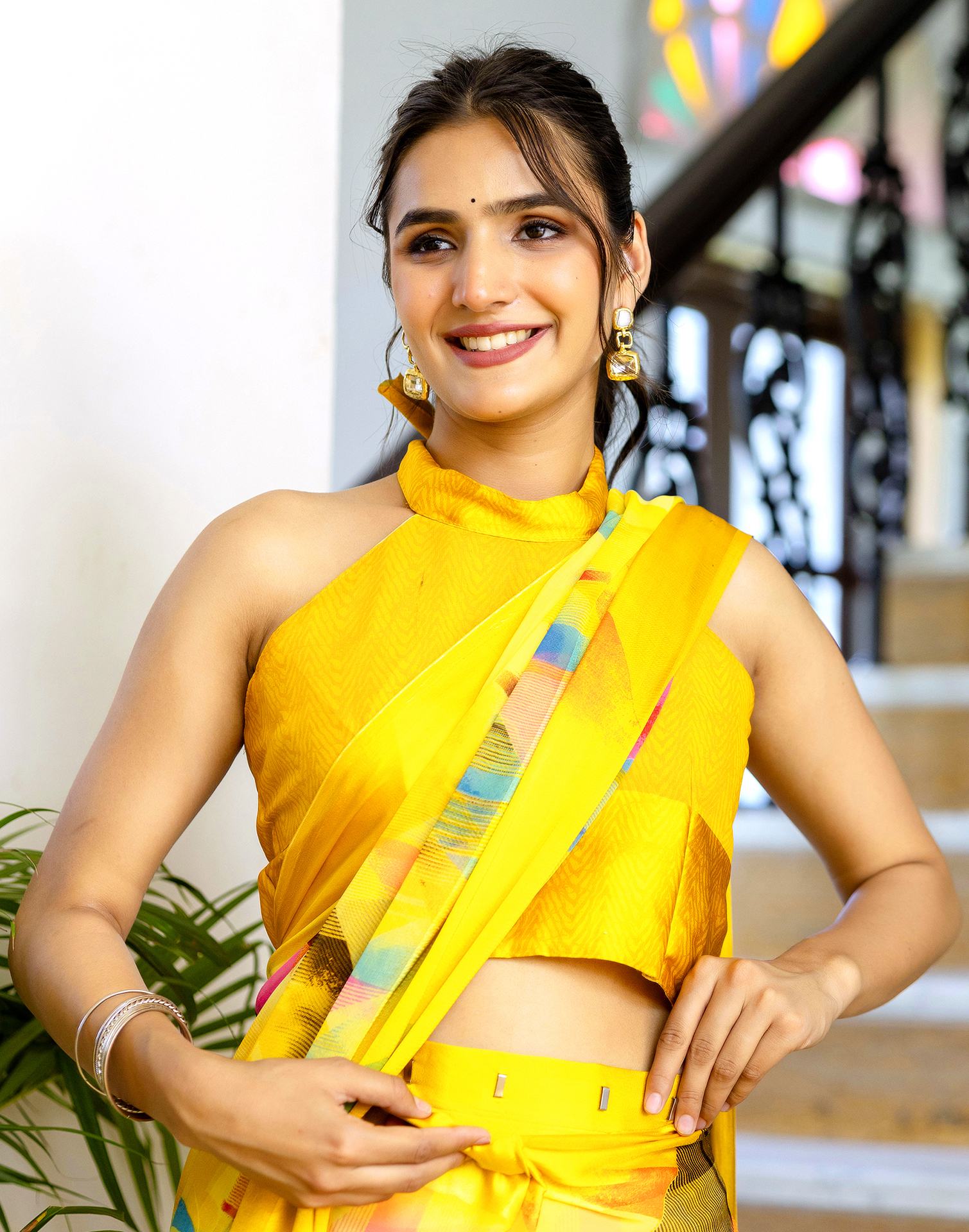 Ready To Wear Yellow Georgette Printed Saree