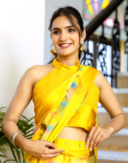 Ready To Wear Yellow Georgette Printed Saree