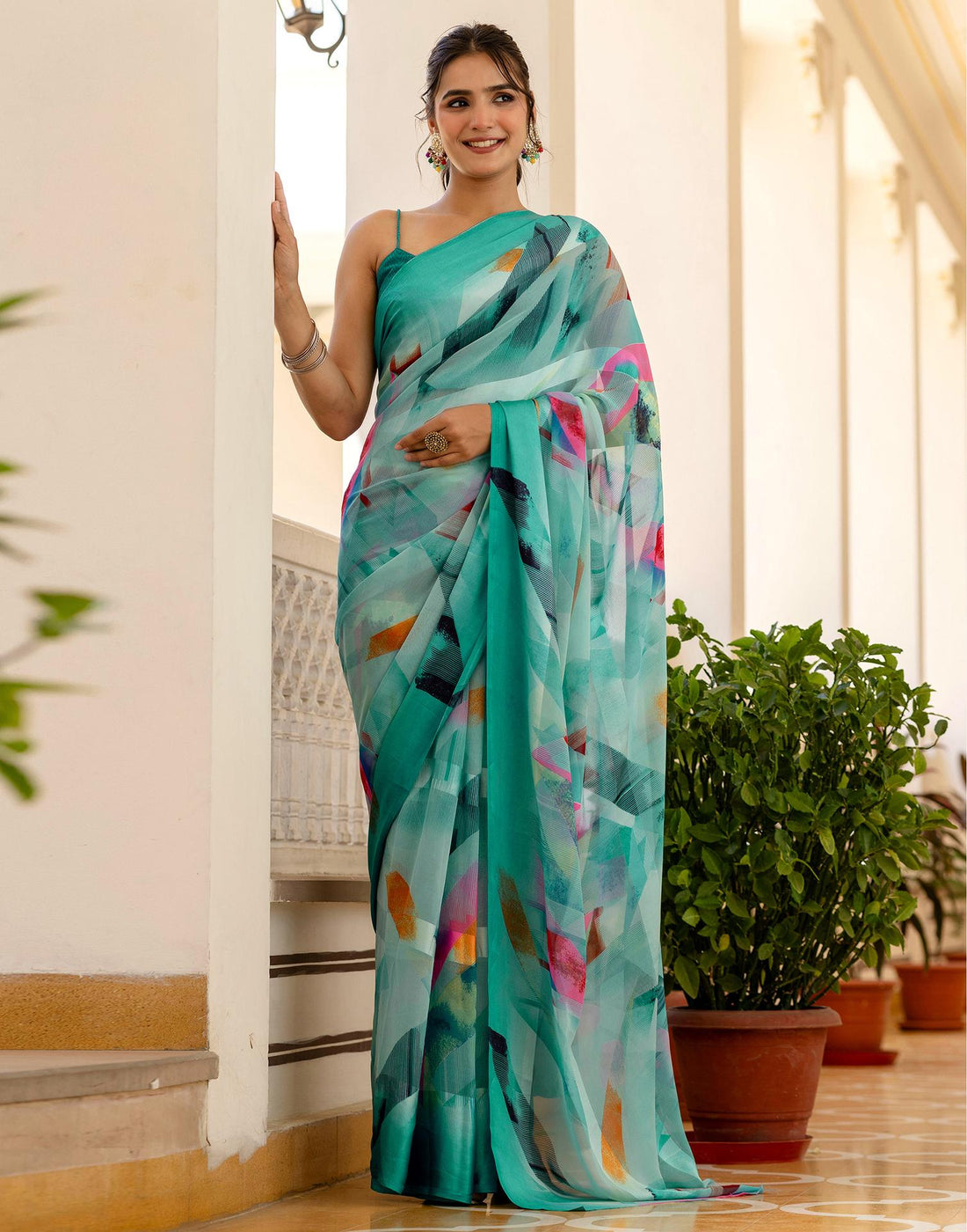 Ready To Wear Blue Georgette Printed Saree