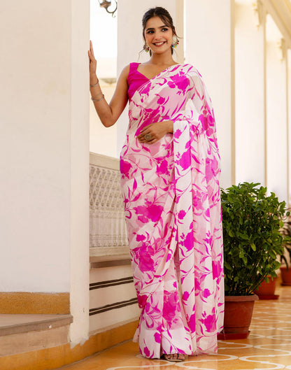 Ready To Wear White Georgette Floral Printed Saree