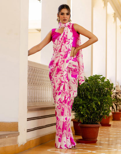 Ready To Wear White Georgette Floral Printed Saree