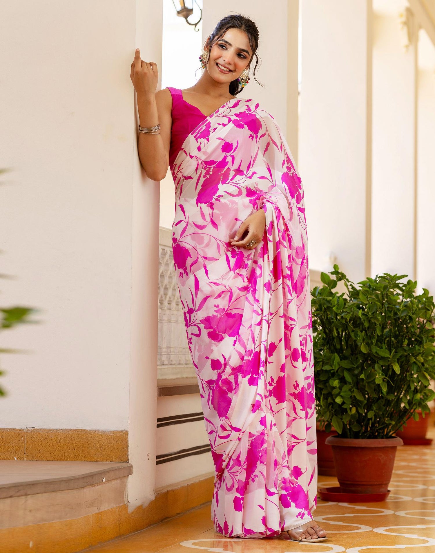Ready To Wear White Georgette Floral Printed Saree