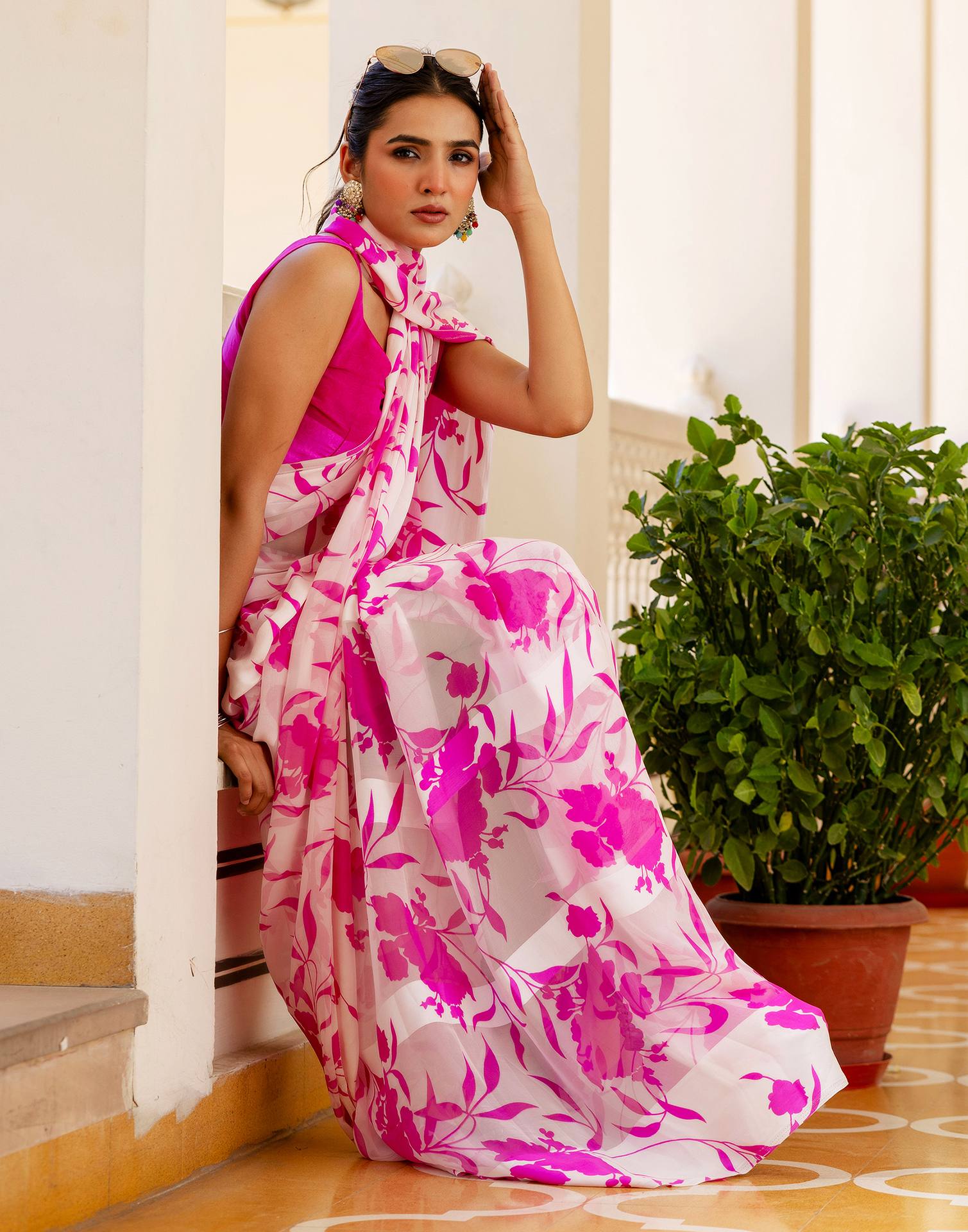 Ready To Wear White Georgette Floral Printed Saree