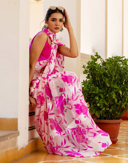 Ready To Wear White Georgette Floral Printed Saree