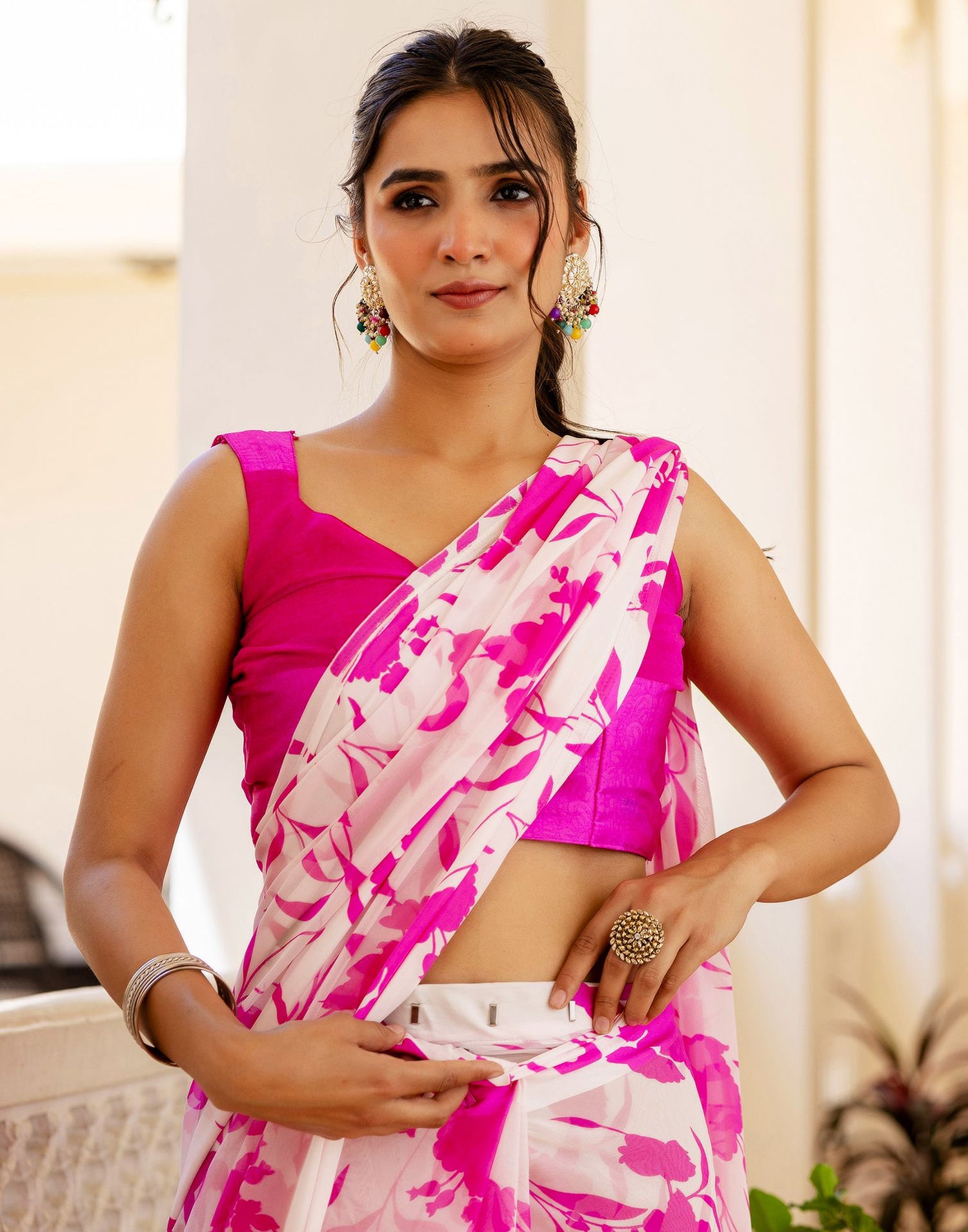 Ready To Wear White Georgette Floral Printed Saree
