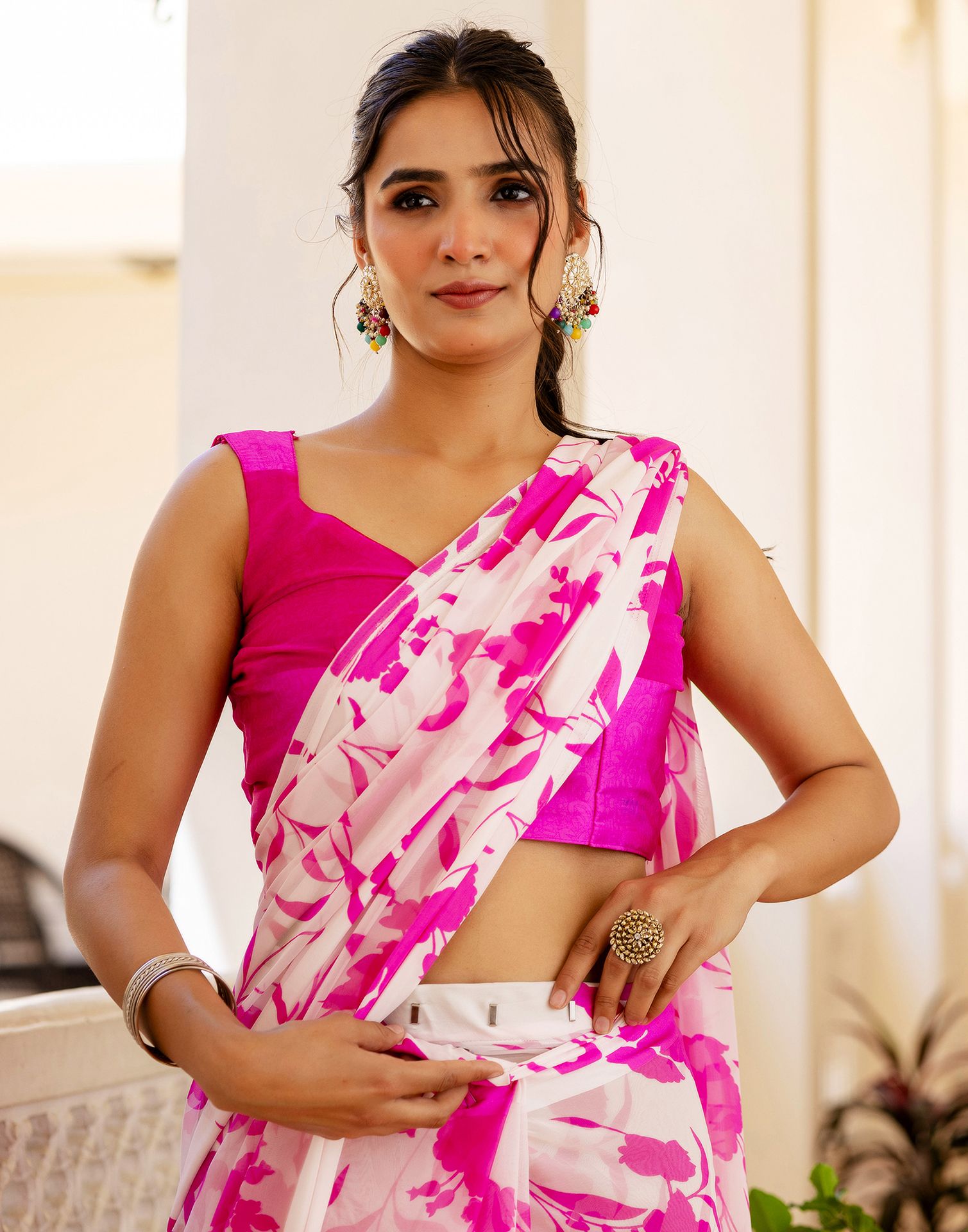 Ready To Wear White Georgette Floral Printed Saree