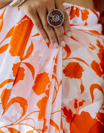Ready To Wear White Georgette Floral Printed Saree