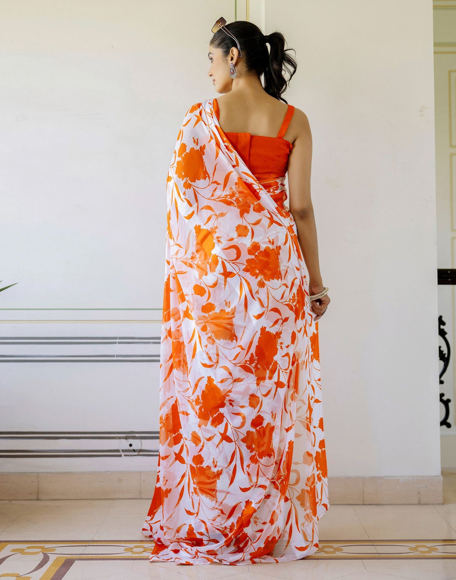 Ready To Wear White Georgette Floral Printed Saree