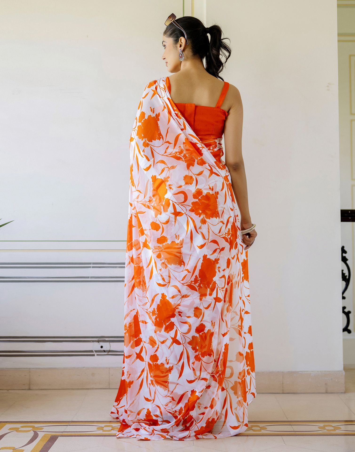 Ready To Wear White Georgette Floral Printed Saree