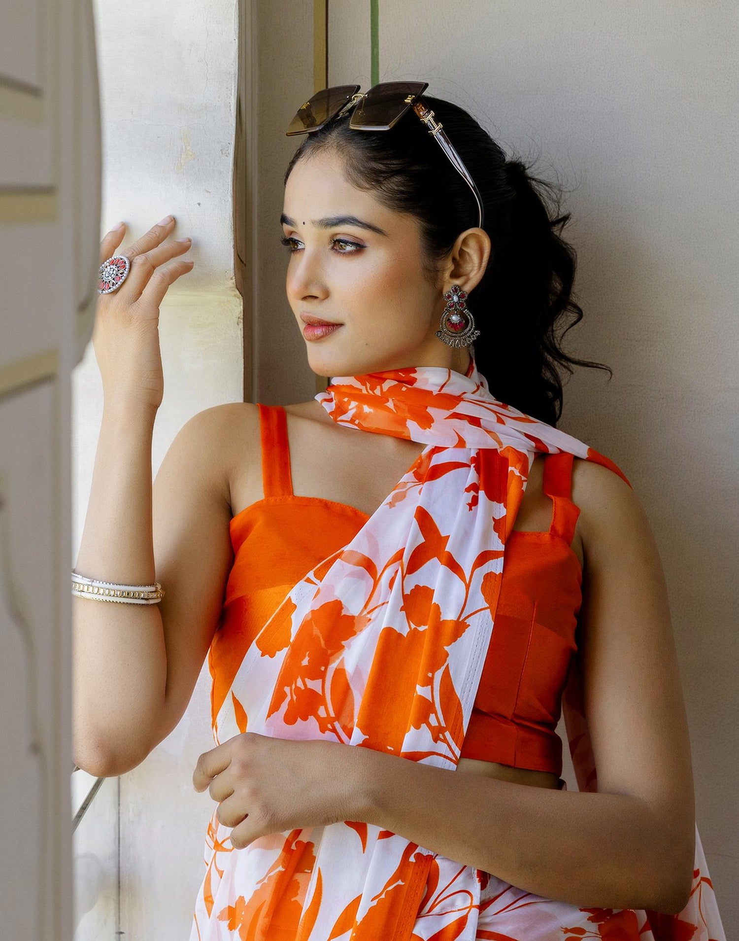 Ready To Wear White Georgette Floral Printed Saree