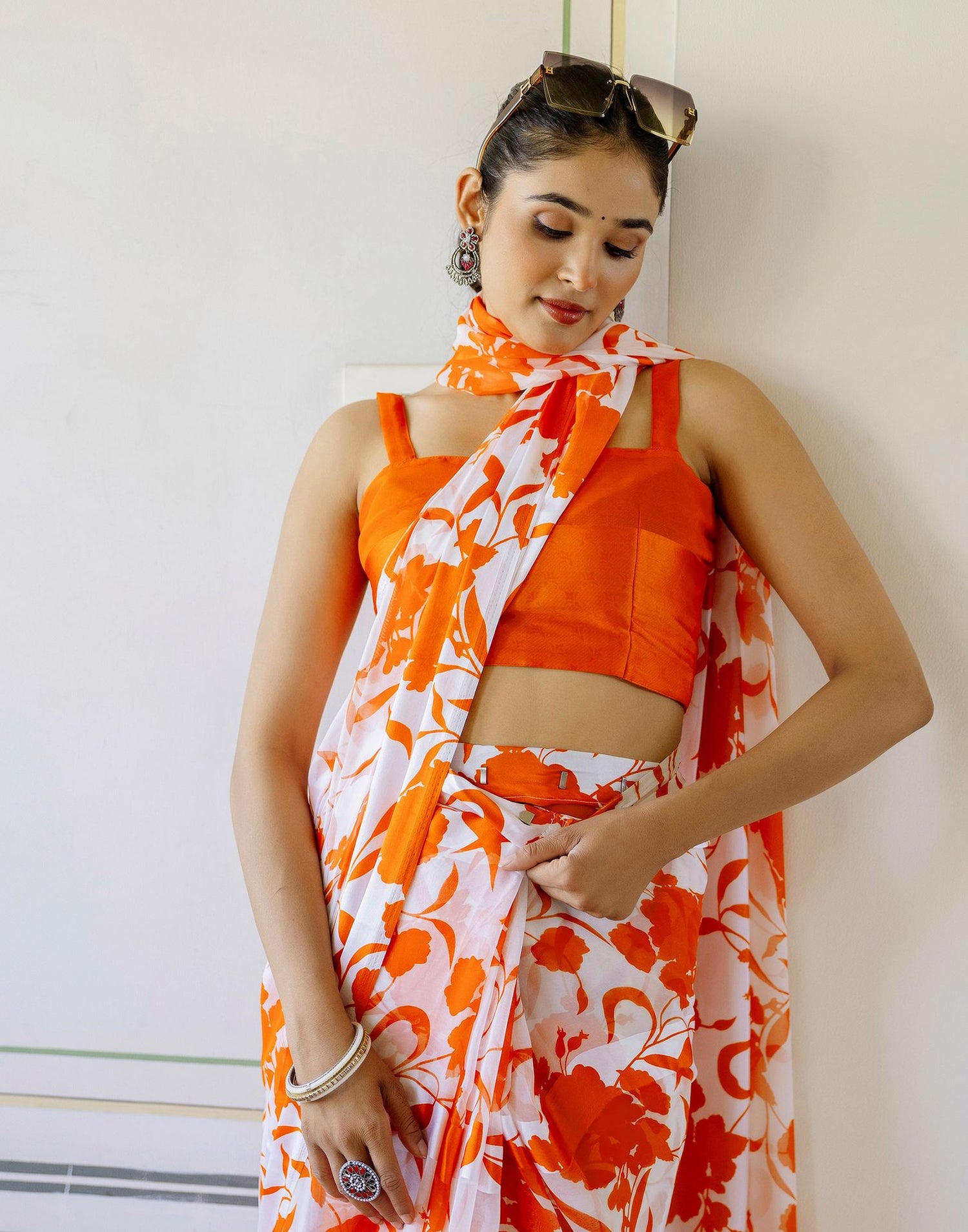 Ready To Wear White Georgette Floral Printed Saree
