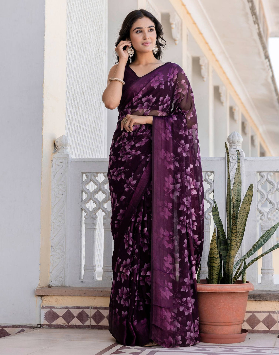 Ready To Wear Wine Georgette Floral Printed Saree