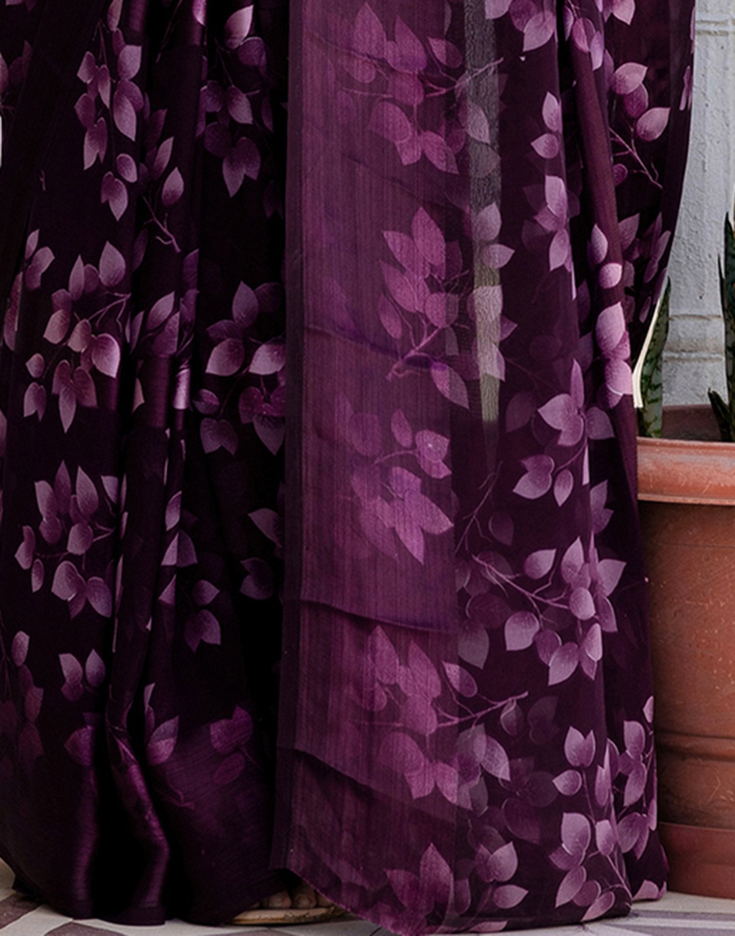 Ready To Wear Wine Georgette Floral Printed Saree