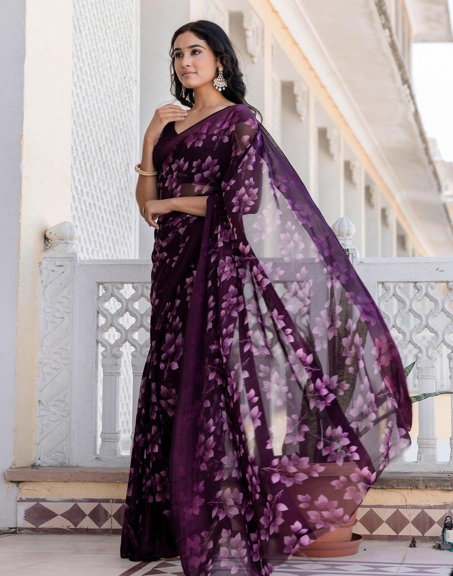 Ready To Wear Wine Georgette Floral Printed Saree