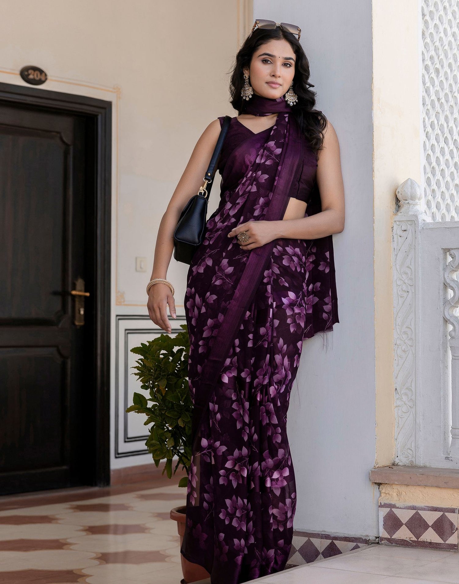 Ready To Wear Wine Georgette Floral Printed Saree