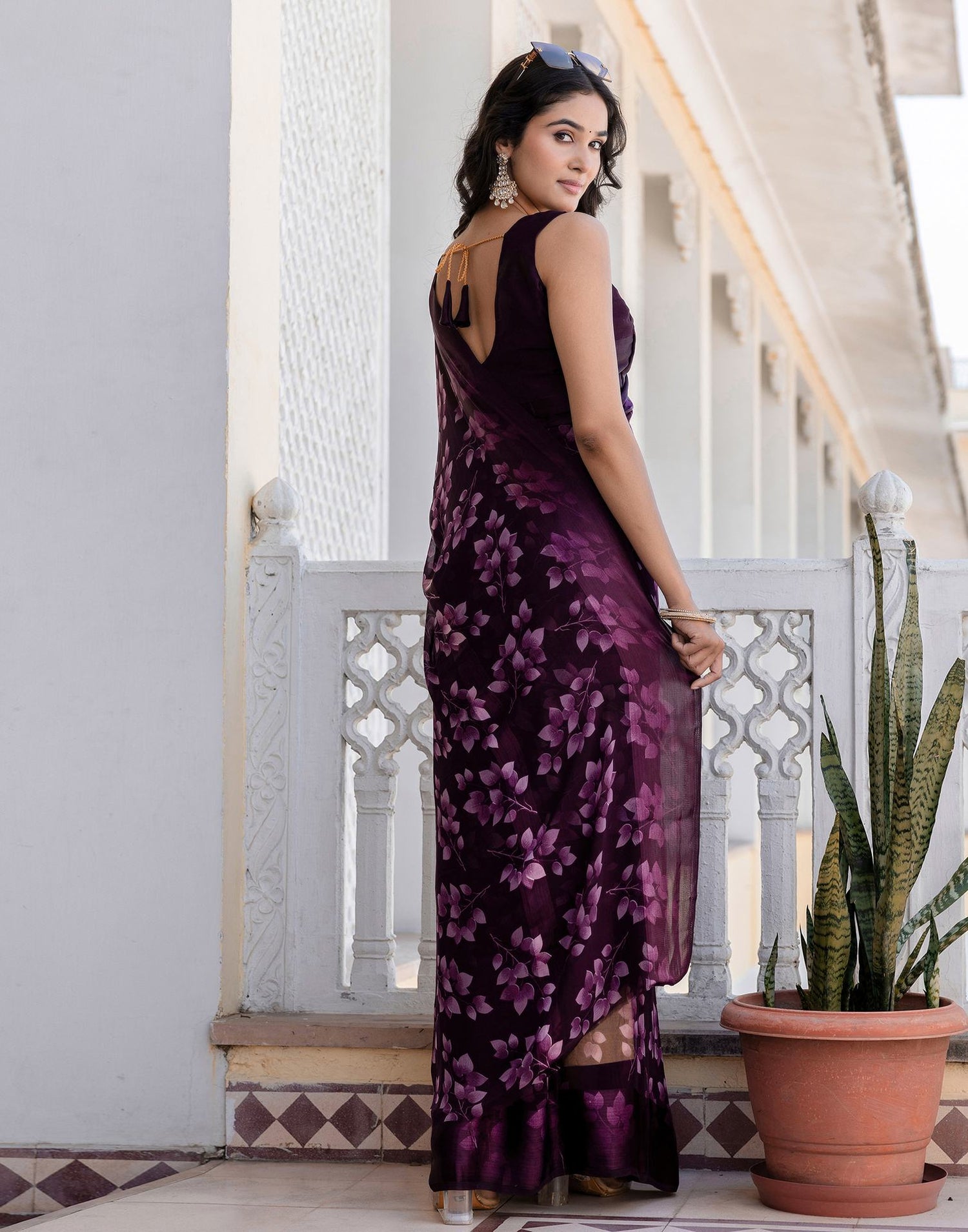 Ready To Wear Wine Georgette Floral Printed Saree