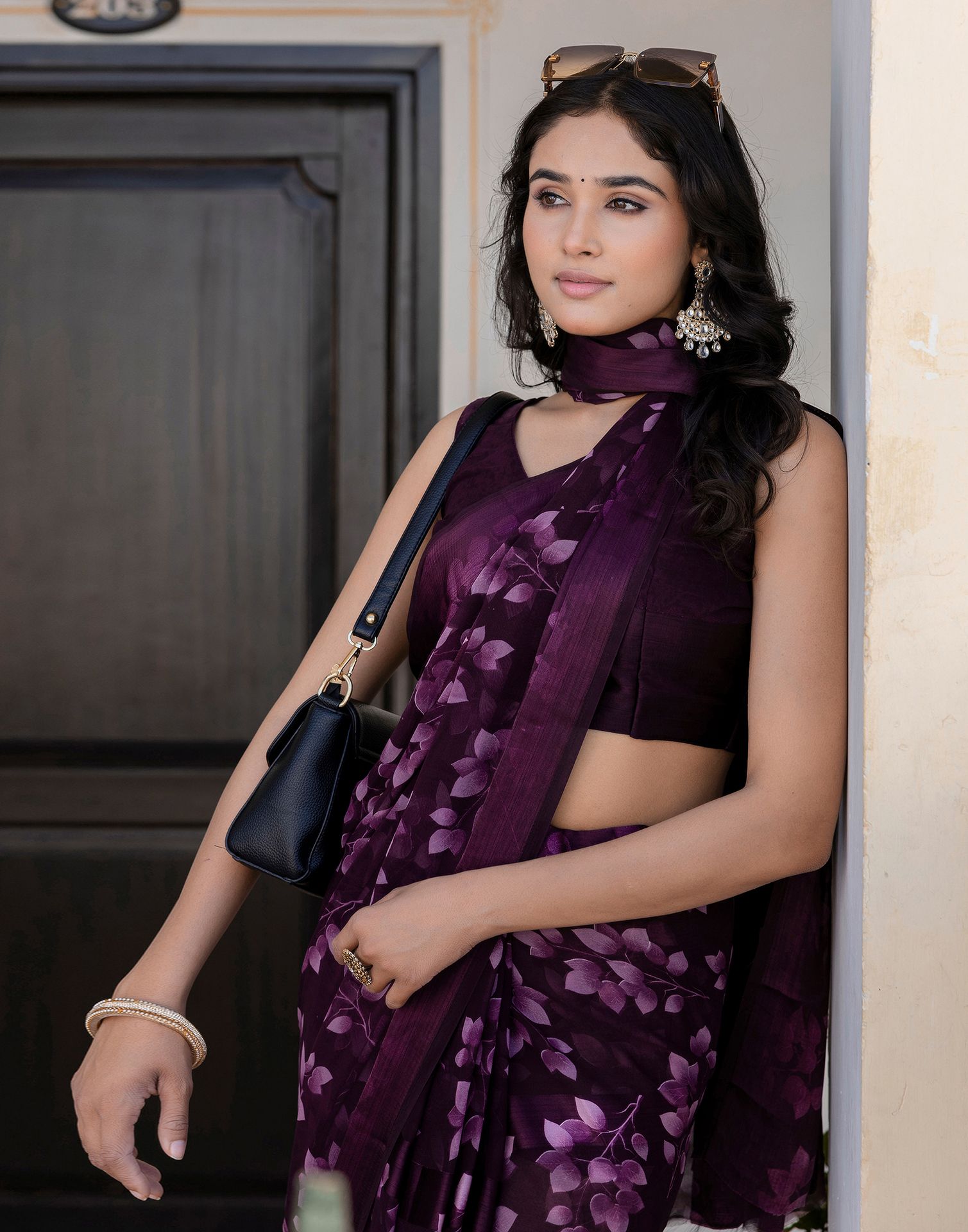 Ready To Wear Wine Georgette Floral Printed Saree