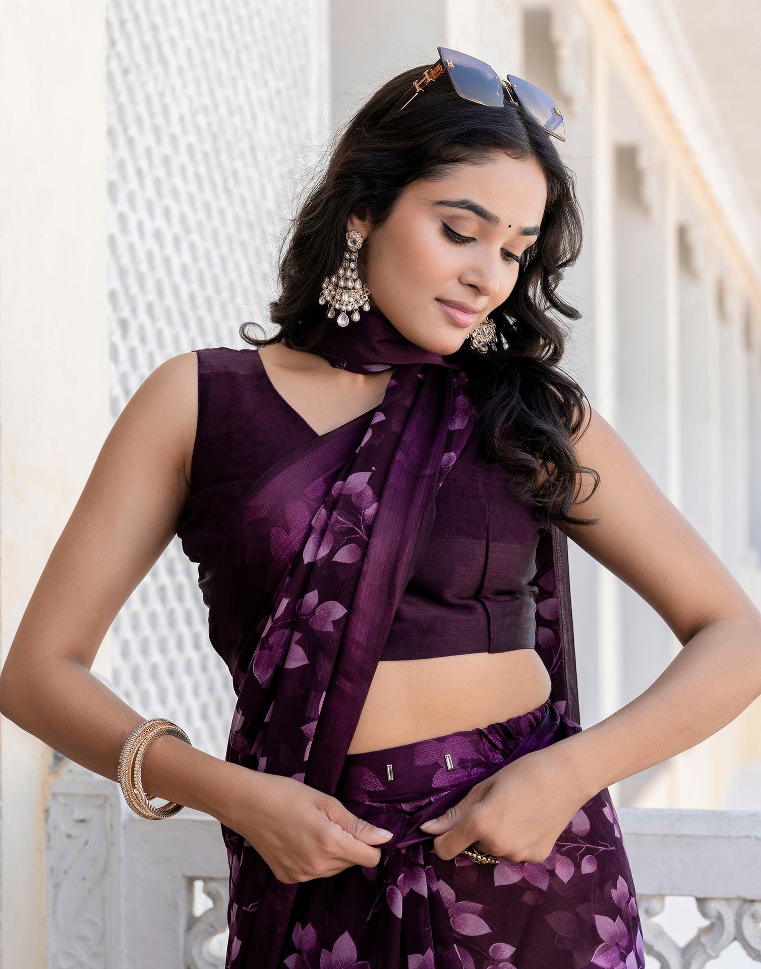 Ready To Wear Wine Georgette Floral Printed Saree