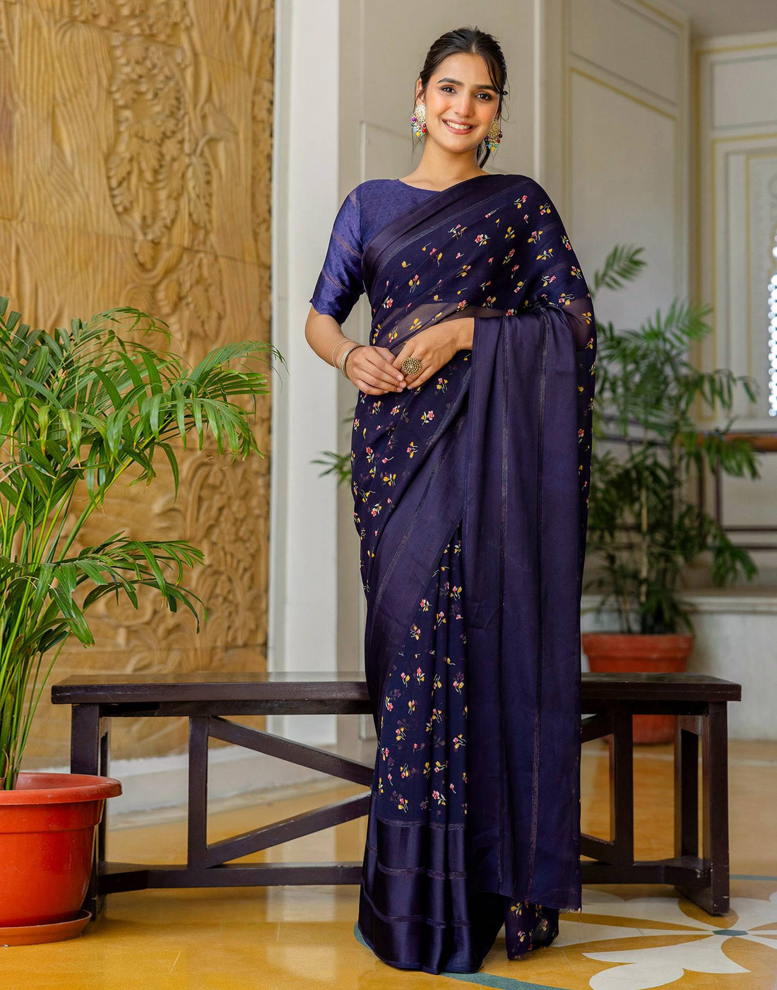 Ready To Wear Navy Blue Georgette Floral Printed Saree