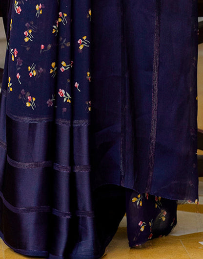 Ready To Wear Navy Blue Georgette Floral Printed Saree