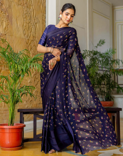 Ready To Wear Navy Blue Georgette Floral Printed Saree