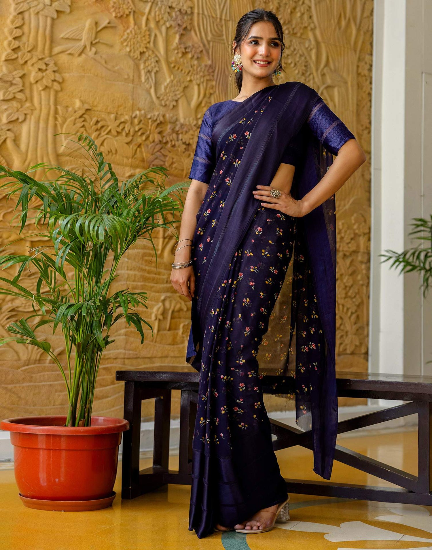 Ready To Wear Navy Blue Georgette Floral Printed Saree