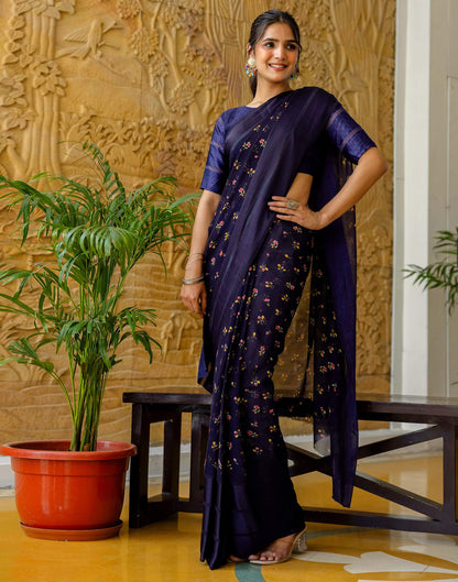 Ready To Wear Navy Blue Georgette Floral Printed Saree