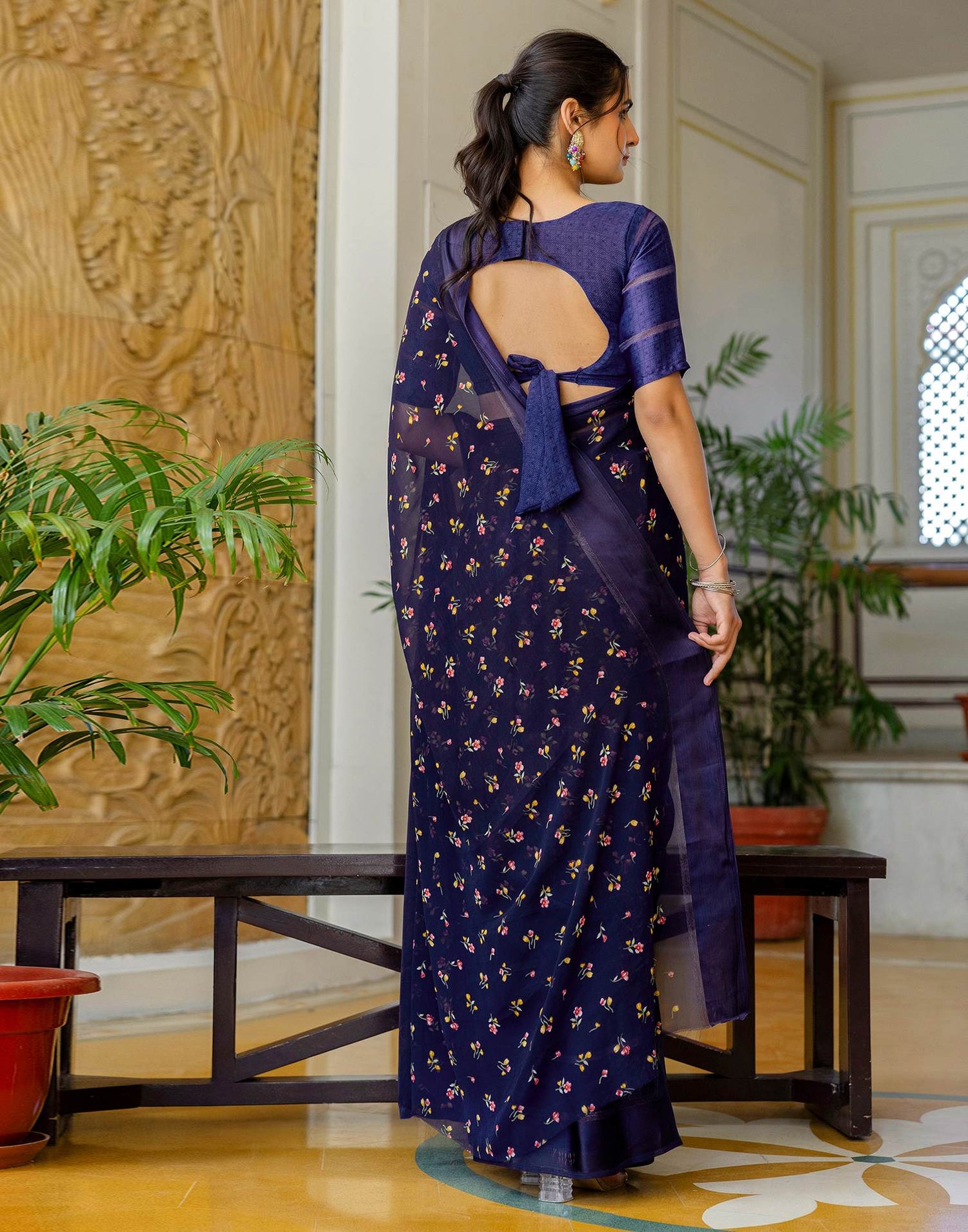 Ready To Wear Navy Blue Georgette Floral Printed Saree
