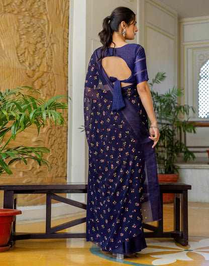 Ready To Wear Navy Blue Georgette Floral Printed Saree
