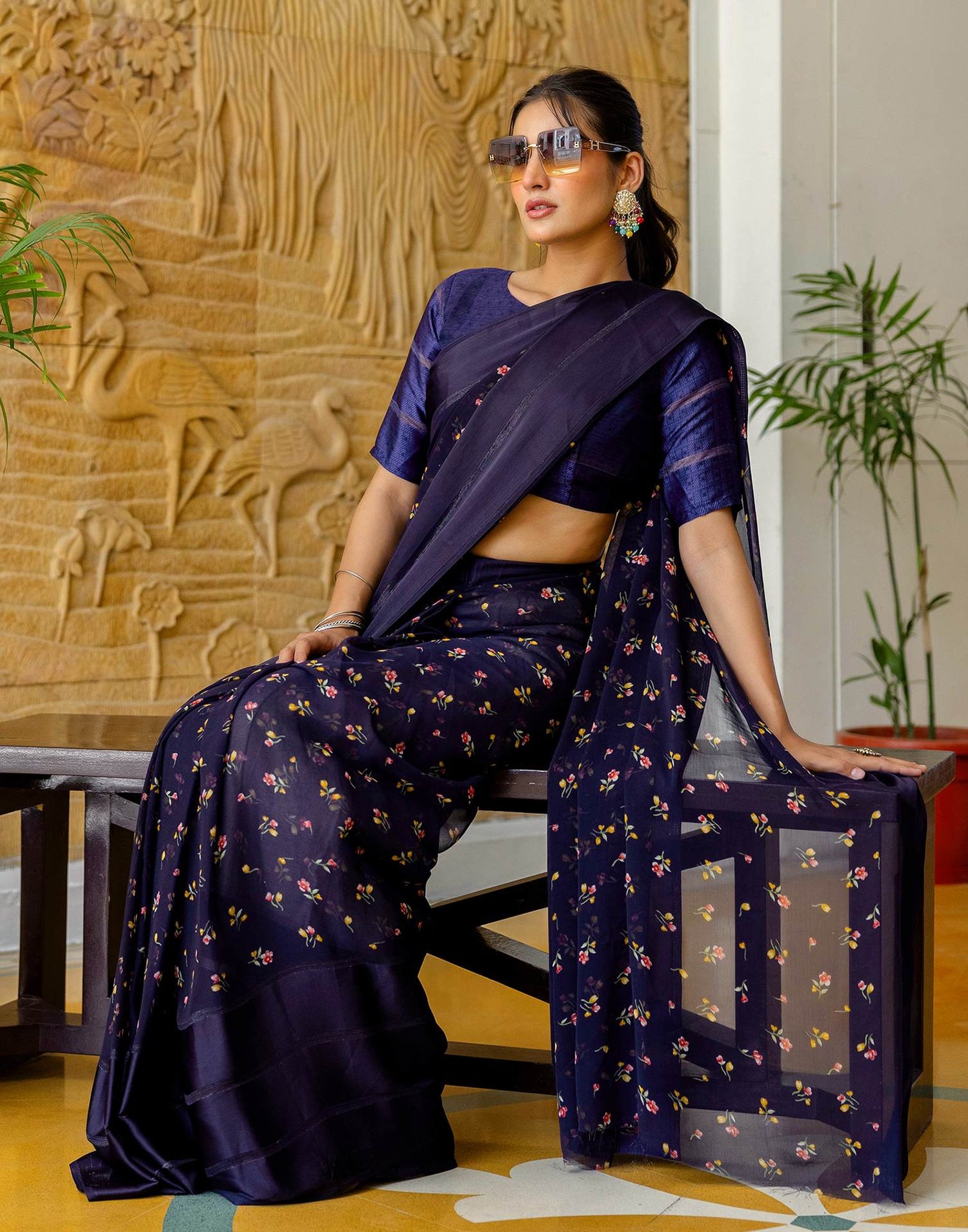Ready To Wear Navy Blue Georgette Floral Printed Saree