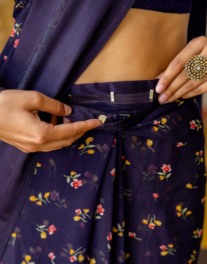 Ready To Wear Navy Blue Georgette Floral Printed Saree