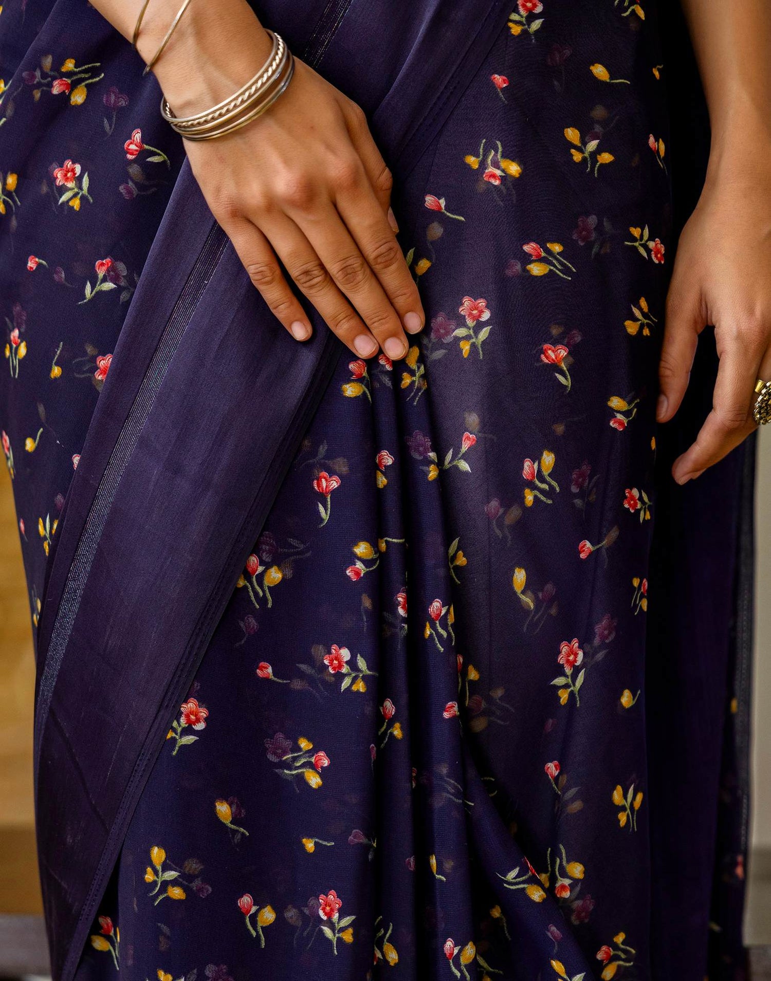 Ready To Wear Navy Blue Georgette Floral Printed Saree