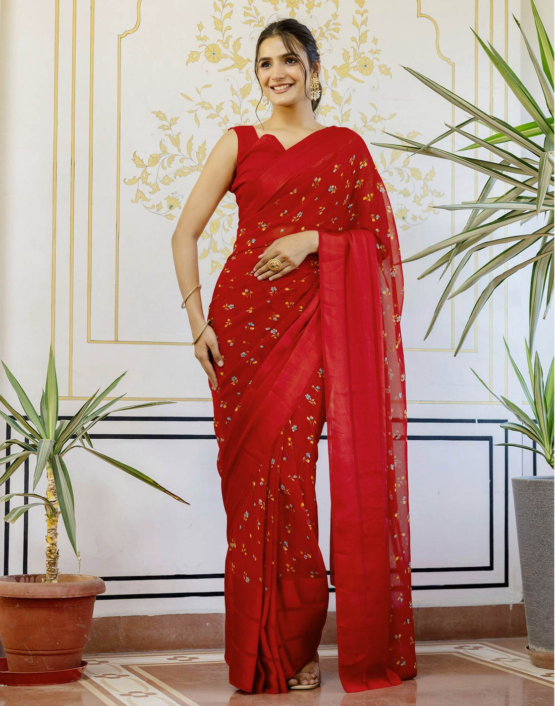 Ready To Wear Red Georgette Floral Printed Saree