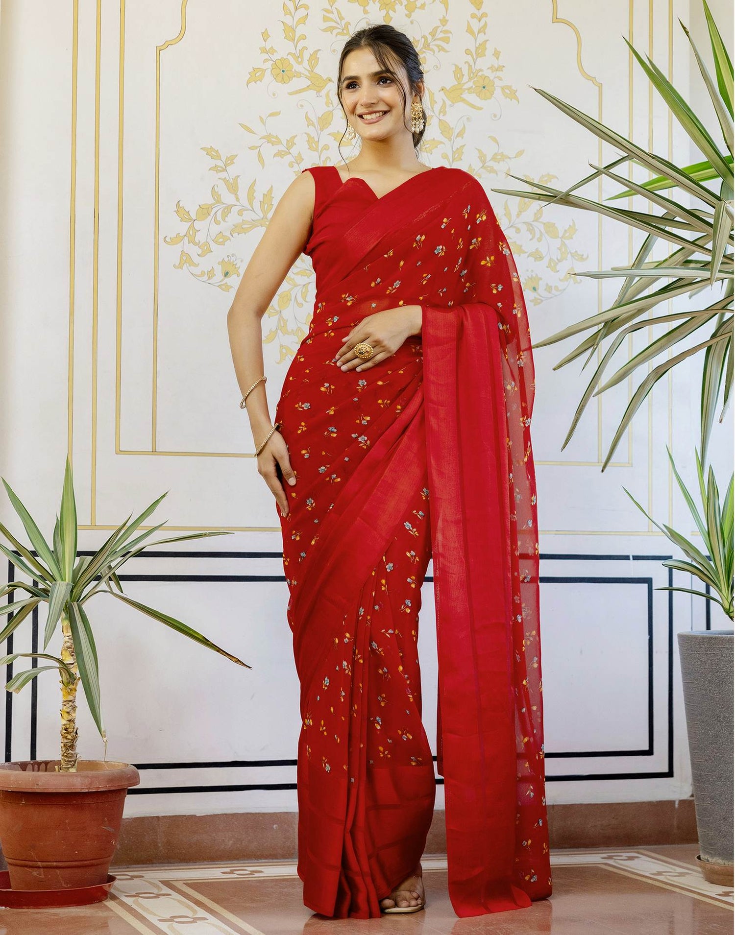 Ready To Wear Red Georgette Floral Printed Saree