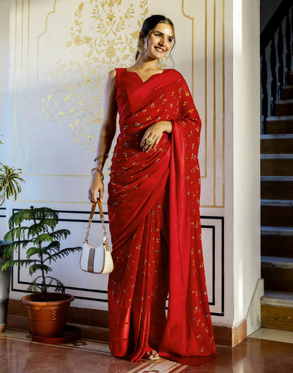 Ready To Wear Red Georgette Floral Printed Saree