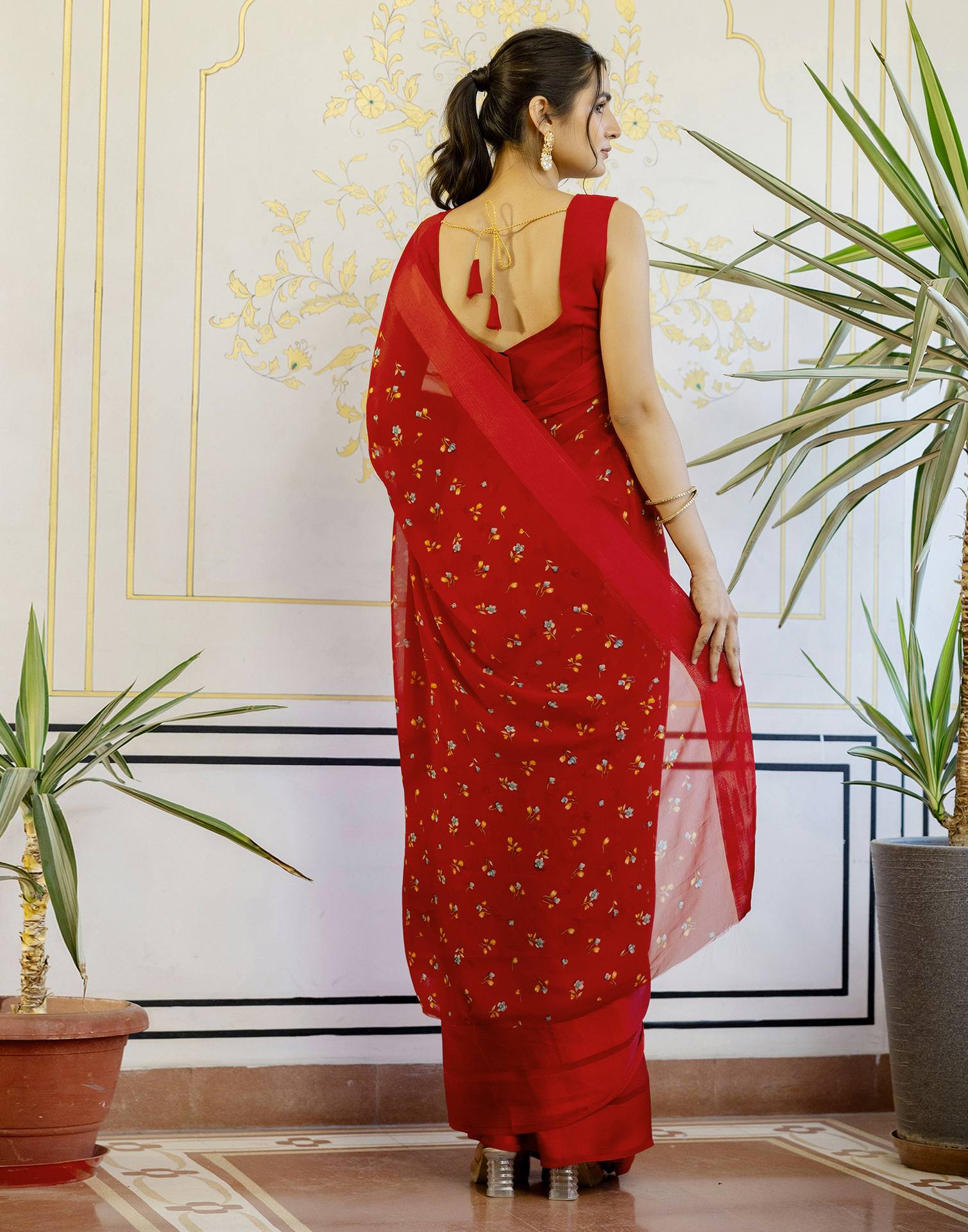 Ready To Wear Red Georgette Floral Printed Saree