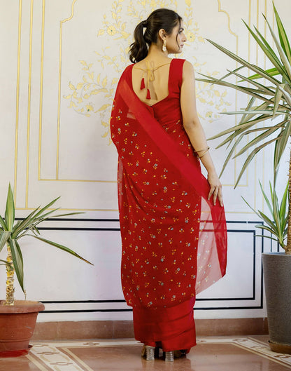 Ready To Wear Red Georgette Floral Printed Saree