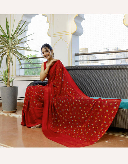 Ready To Wear Red Georgette Floral Printed Saree