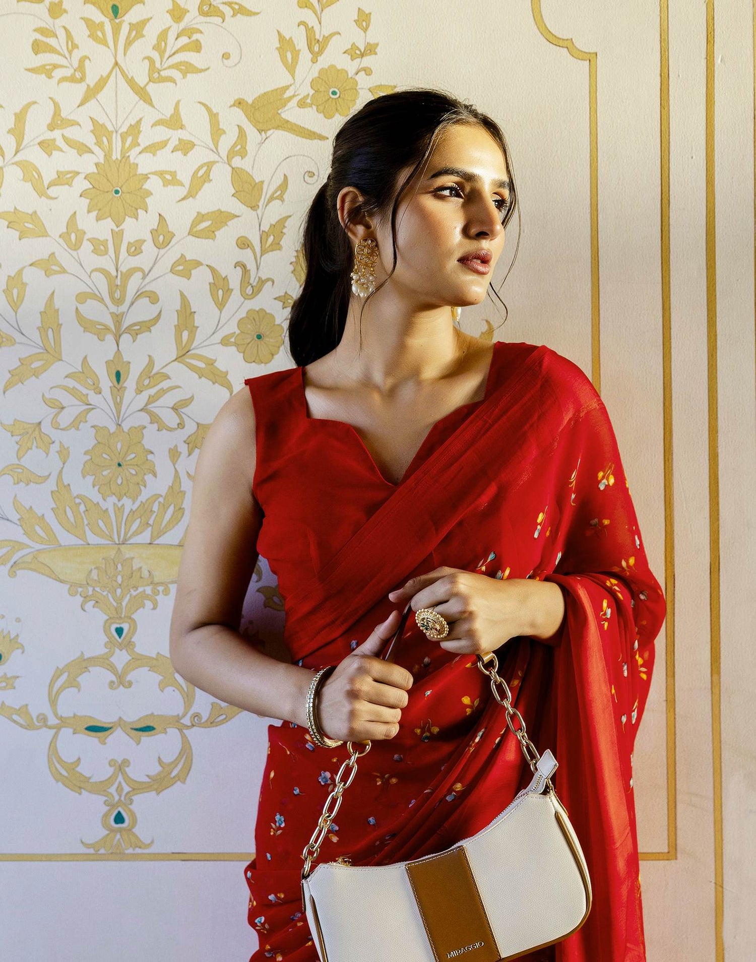 Ready To Wear Red Georgette Floral Printed Saree