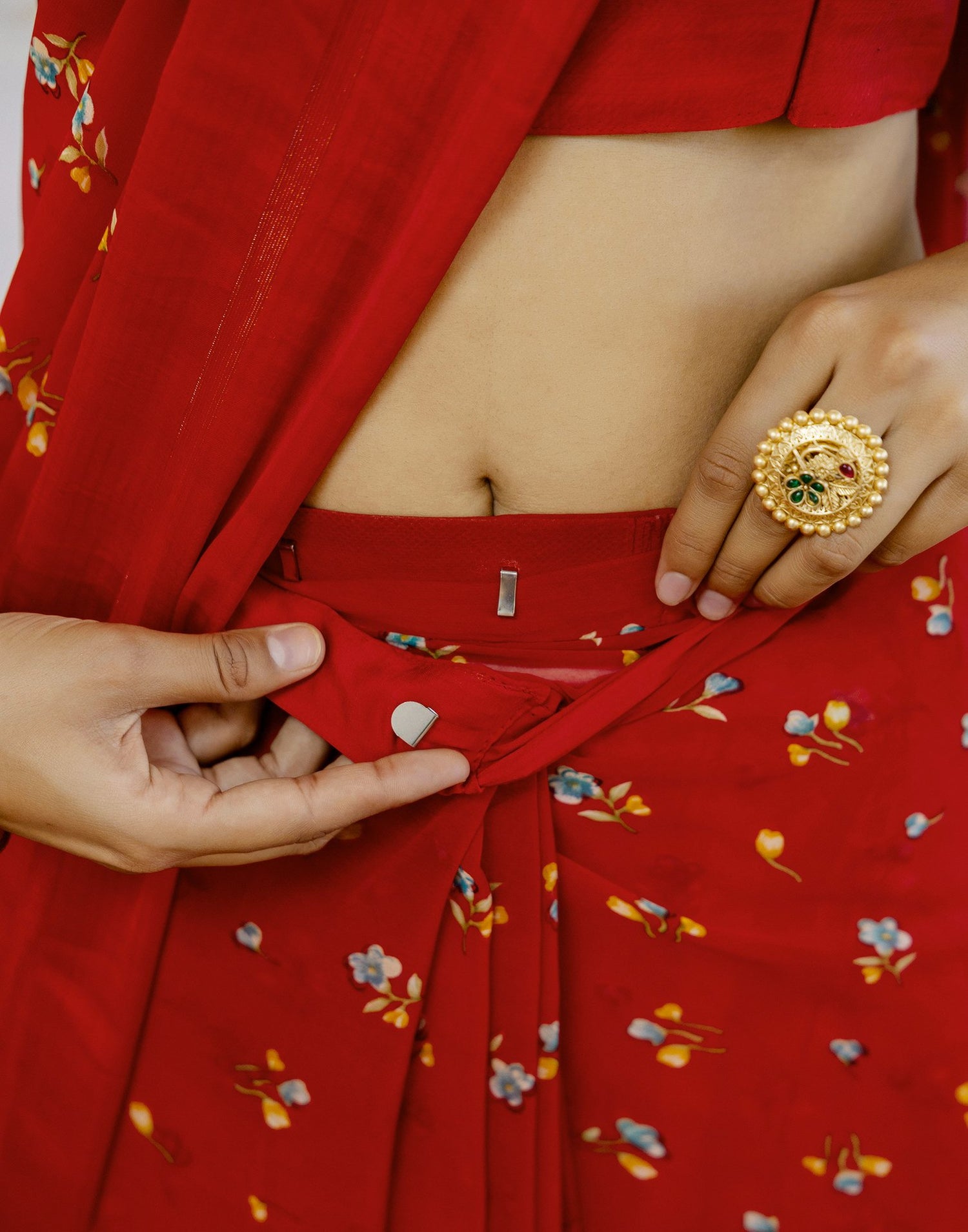 Ready To Wear Red Georgette Floral Printed Saree