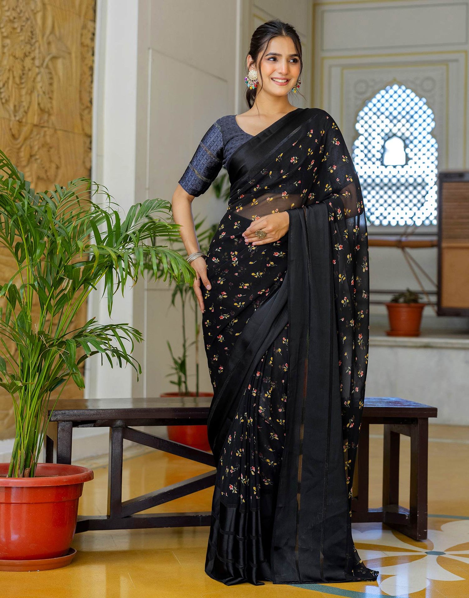 Ready To Wear Black Georgette Floral Printed Saree